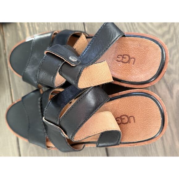 UGG CARINE BLACK LEATHER WEDGE HEEL SANDALS WOMEN'S SIZE 10 - Picture 8 of 9
